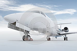 Close-up of a private jet isolated on bright background with sky