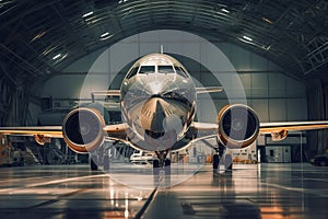 A close-up of a private jet parked in a hangar, with a clear view of its exterior and details. Generative AI