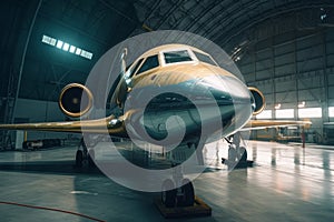 A close-up of a private jet parked in a hangar, with a clear view of its exterior and details. Generative AI