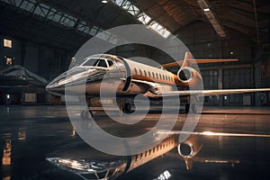 A close-up of a private jet parked in a hangar, with a clear view of its exterior and details. Generative AI