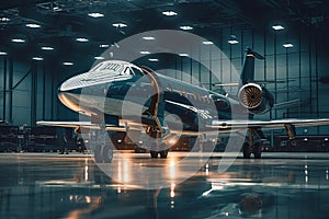 A close-up of a private jet parked in a hangar, with a clear view of its exterior and details. Generative AI