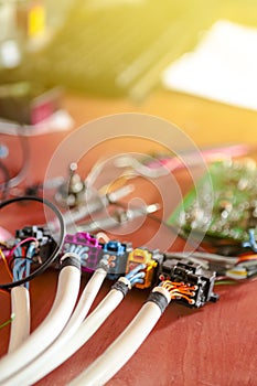 Close-Up of Probes and Service Connector Terminals in Laboratory During Testing of Printed Circuit Board