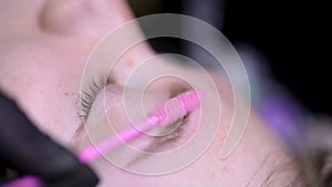 Close-up of the procedure of permanent eyebrow makeup the master combs the eyebrows with the help of brushes