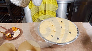 Close-up of the process of cooking delicious Easter cakes with raisins and candied fruits on the table. Easter holiday