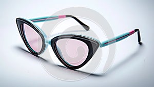 A close up product shot of a retro blue and black cat eye sunglasses with pink lenses against a white background