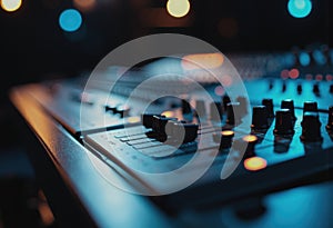 Close-up of a professional audio mixing console in a concert hall