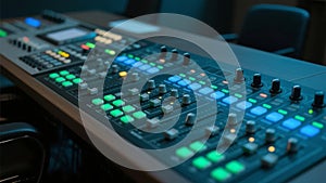 Close-up of a professional audio mixing console with illuminated buttons and knobs