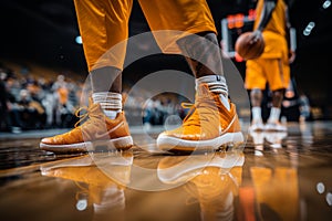 Close-up of professional basketball player dribbling the ball during intense game action