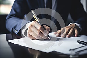 Close-up of a professional businessman's hands signing a legal document or contract