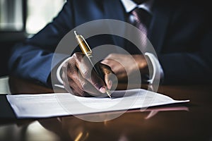 Close-up of a professional businessman's hands signing a legal document or contract