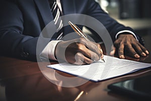 Close-up of a professional businessman's hands signing a legal document or contract