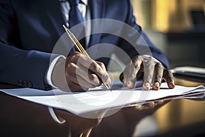 Close-up of a professional businessman's hands signing a legal document or contract