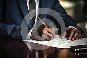 Close-up of a professional businessman's hands signing a legal document or contract