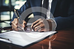 Close-up of a professional businessman's hands signing a legal document or contract