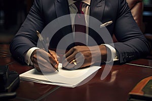 Close-up of a professional businessman's hands signing a legal document or contract