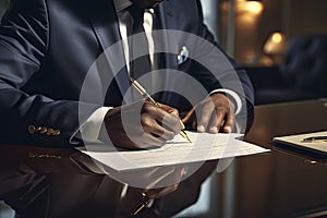 Close-up of a professional businessman's hands signing a legal document or contract