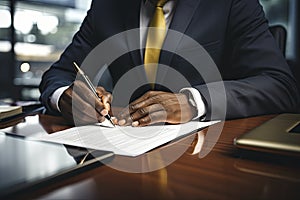 Close-up of a professional businessman's hands signing a legal document or contract