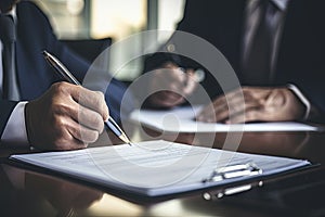 Close-up of a professional businessman's hands signing a legal document or contract