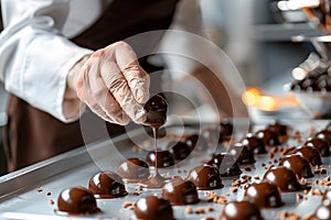 Artisan chocolatier decorating handmade chocolates photo