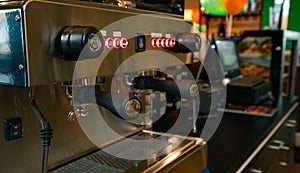 Close up professional coffee machine in coffee shop. Coffee maker for make espresso, americano, latte, and cappuccino. Counter bar