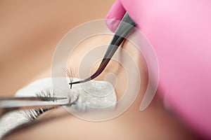 Lashmaking process close up.