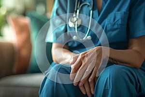 Close-up of a professional nurse& x27;s hands, offering comfort and care during a home health visit, showcasing empathy and human