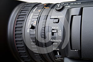 Close up of professional video camera lens