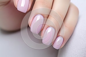 A close-up of a professionally done pink manicure