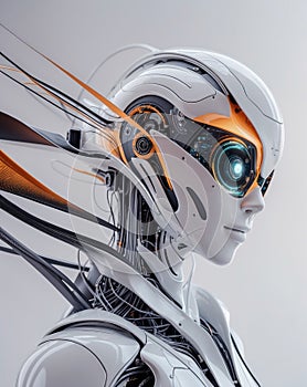 Futuristic humanoid robot with advanced artificial intelligence core in clean industrial design