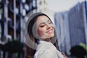 Close up profile portrait of adorable nice girl closed eyes toothy smile good mood enjoy moment weekend walk outdoors