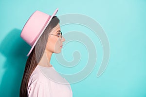 Close-up profile side view portrait of her she nice-looking attractive serious brown-haired girl wear pink hat copy