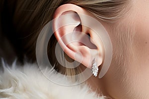 Close-up profile unrecognizable young blonde Caucasian woman head girl lady female human ear elegant earring jewelry