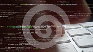 Abstract Digital Code Background with Programmer Hands Typing on a Keyboard in Focus, Futuristic Concept of Technology