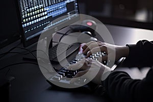 close-up of programmer& x27;s hands, typing commands into virtual robot control software