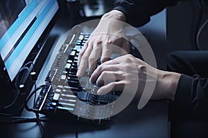 close-up of programmer& x27;s hands, typing commands into virtual robot control software