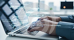Close-up of programmer typing code on a laptop with glowing digital data