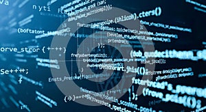 Close up of programming code on dark screen. Abstract technology and software development background. Hacker or developer coding
