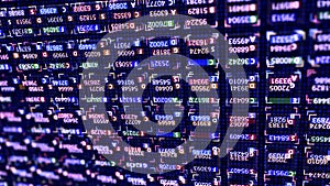 Close up of programming code strings changing the digital on screen, abstract hacking background. Animation. Many rows