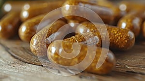 A close-up of propolis supplements in capsule form