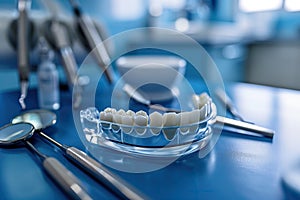 Close-up of prosthetic teeth on a dental tray and dental tools. Generative AI