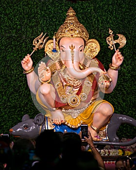 Close up prtrait view of decorated and garlanded  idol of Hindu God Ganesha in Pune ,Maharashtra, India.