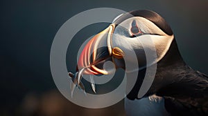 Close up of Puffin with beak full of fish, Heimaey coast, Iceland. Generative Ai