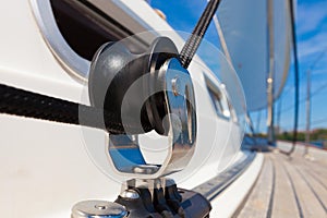 Close up pulley block on a yacht