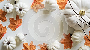 Close-up of pumpkins, orange maple leaves, twigs on white background, top view, flat lay, copy space. The concept of the beginning