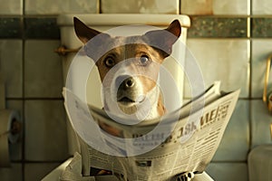 Close-up of a puppi sitting on toilet and reading news paper.