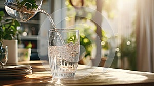 Close-up of purified fresh water pouring from bottle on living room table, Ai Generated