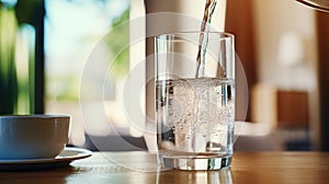 Close-up of purified fresh water pouring from bottle on living room table, Ai Generated