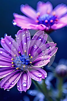 close up of purple aster flowers with water droplets photo