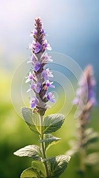 Close-up of purple flower with blue undertones, surrounded by green leaves and grass. The flower is in foreground