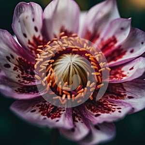 A close up of a purple flower with red stamens. Generative AI image.